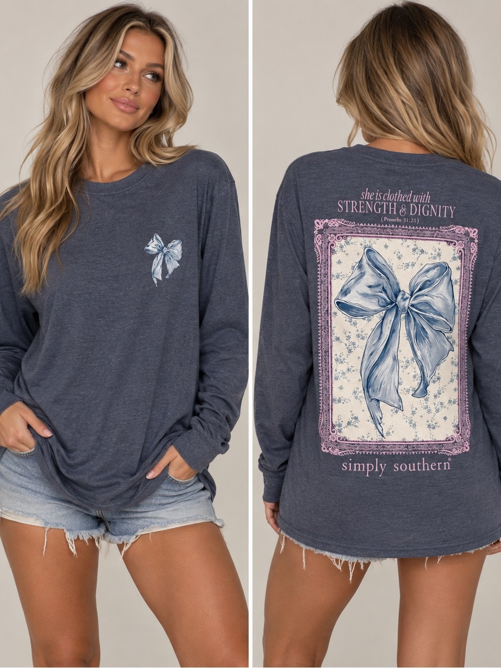 Simply Southern Navy Long-Sleeve Tee with Blue and Pink Bow Graphic